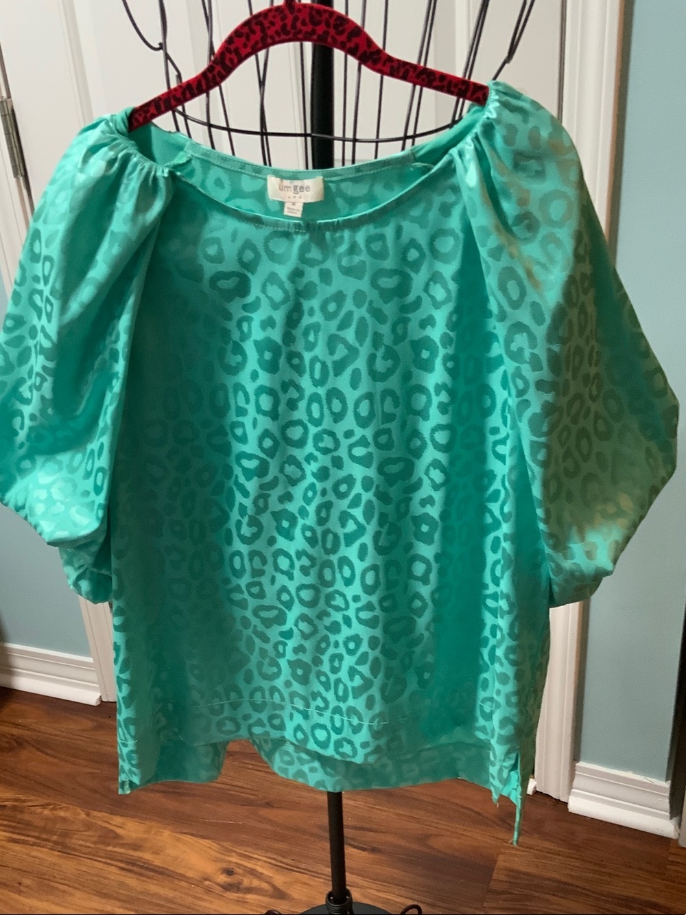 Umgee Teal Leopard-Print Puff Sleeve Blouse